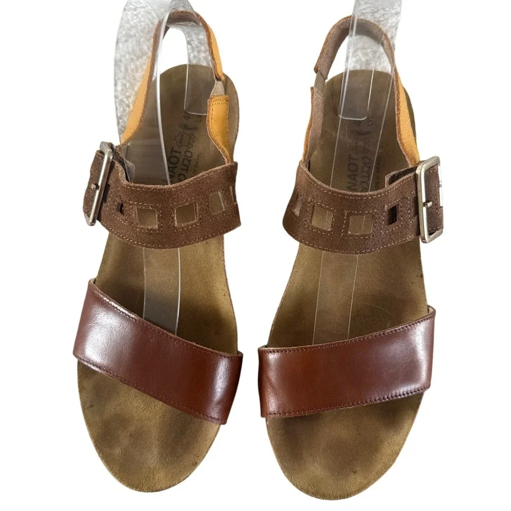Naot Dynasty Wedge Sandal Brown Leather Gold EU 41 US 10 Comfort Minimalist $170